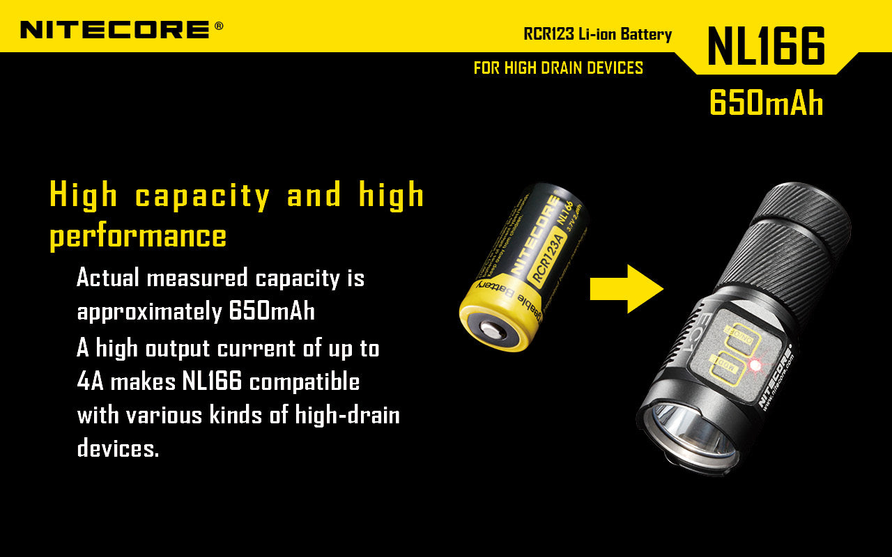 NITECORE RECHARGEABLE CR123 650MAH (NL166)