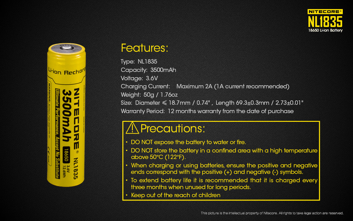 NITECORE 18650 LITHIUM BATTERY 3500MAH (NL1835)