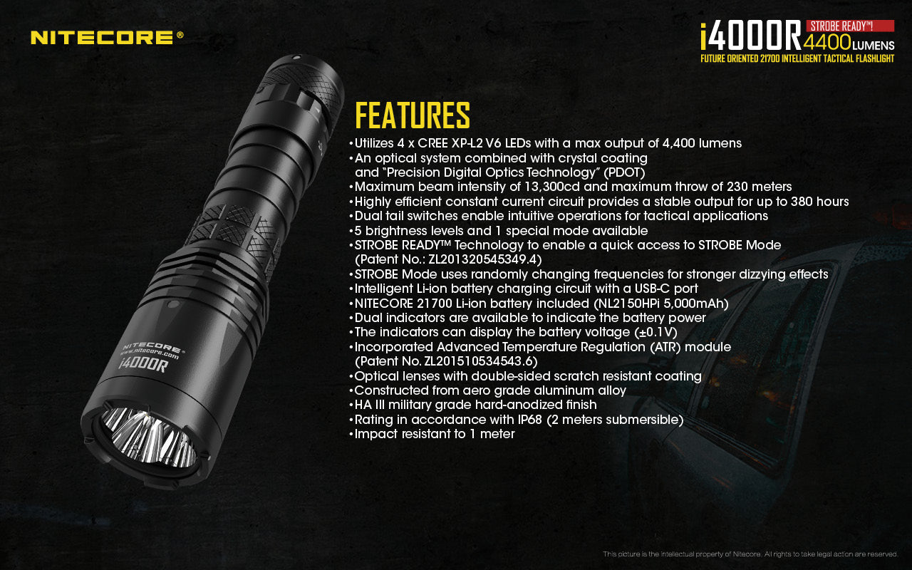 NITECORE 4400 LUMENS USB-C RECHARGEABLE TACTICAL FLASHLIGHTS (I4000R)