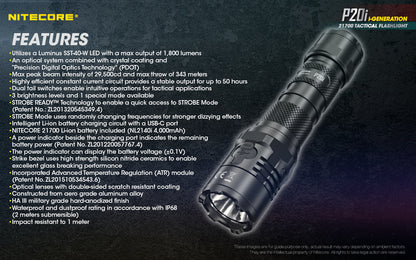 NITECORE 1800 LUMENS DUAL TAIL SWITCH TACTICAL FLASHLIGHT (P20I)